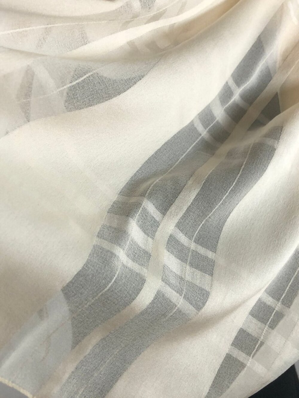 Vintage Sheer Ivory/Champagne Plaid Scarf — Quiet Luxury Minimalist Elegance - Picture 10 of 13